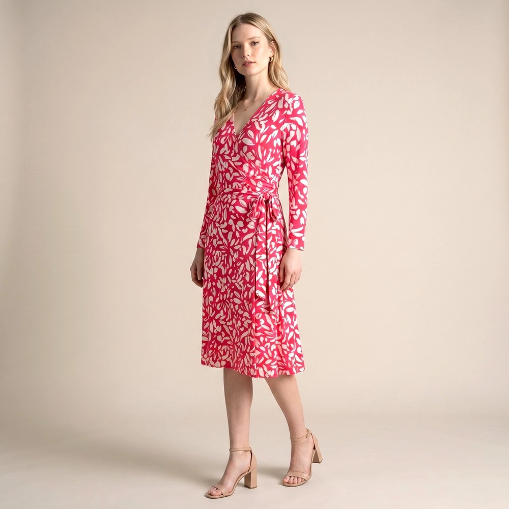 Eliza J Surplice 3/4 Sleeve Midi Wrap Dress 4 Bold Pink Wedding Guest Resortwear